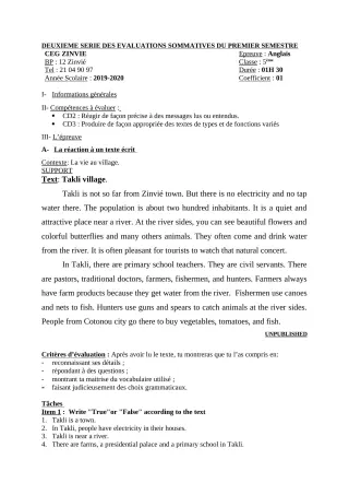 Première page de Anglais 5e — 2e évaluation sommative, 1er semestre (2019-2020) · CEG Zinvié