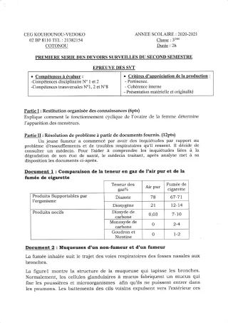 Première page de SVT 3e, 3e ML — 1er devoir surveillé, 2e semestre (2020-2021) · CEG Kouhounou-Vêdoko