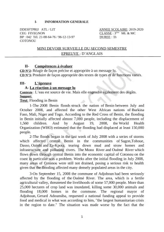 Première page de Anglais 3e, 3e ML — 1er devoir surveillé, 2e semestre (2019-2020) · CEG FIYEGNON