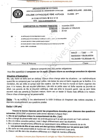 Première page de Éducation à l’Affectivité 6e – Composition du 1er trimestre 2025-2026 – Personnalité, tempéraments et identité – Collège Catholique Père Aupiais