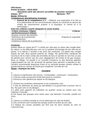 Première page de PCT 6e, 3e — 2e devoir surveillé, 1er semestre (2019-2020) · CEG GAROU