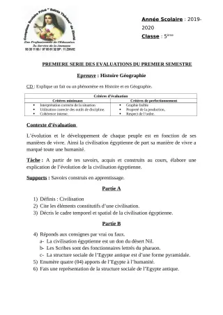 Première page de Histoire-Géographie 5e — 1re évaluation sommative, 1er semestre (2019-2020) · CPEG Ste Thérèse de Zinvié
