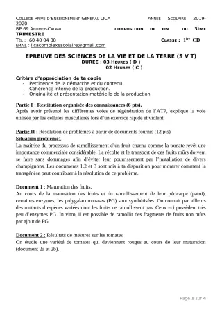 Première page de SVT 1ère D — Composition, 1er trimestre (2019-2020) · CPEG LICA