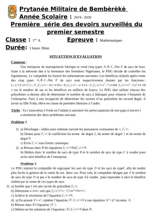 Première page de Mathématiques 1ère A — 1er devoir surveillé, 1er semestre (2019-2020) · PMB