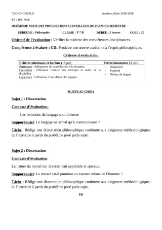 Première page de Philosophie Tle D — 1er semestre (2018-2019) · CEG ONIGBOLO