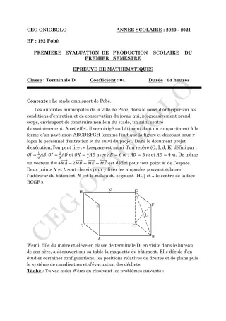 Première page de Mathématiques Tle D — 1er semestre (2020-2021) · CEG ONIGBOLO