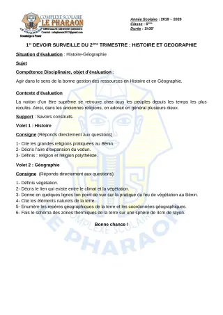 Première page de Histoire-Géographie 6e — 1er devoir surveillé, 2e trimestre (2019-2020) · CPEG LE PHARAON