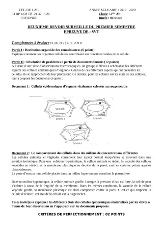 Première page de SVT 2nde A, 2nde B — 2e devoir surveillé, 1er semestre (2019-2020) · CEG du Lac