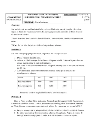 Première page de Mathématiques 2nde A2 — 1er devoir surveillé, 1er semestre (2019-2020) · CEG Kaïtèmè