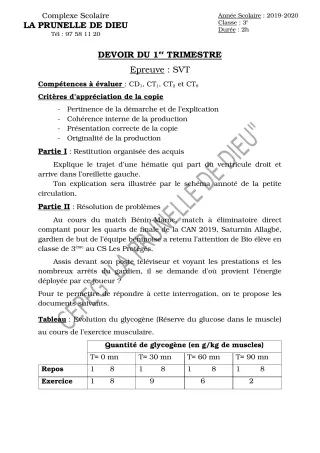Première page de SVT 3e, 3e ML — Interrogation, 1er trimestre (2019-2020) · CEPG La Prunelle de Dieu