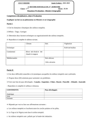 Première page de Histoire-Géographie 5e — 1er devoir surveillé, 2e semestre (2022-2023) · CEG SEKERE