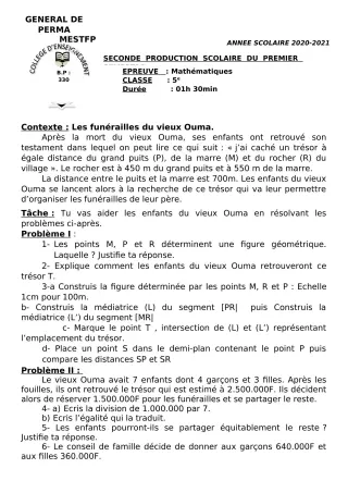Première page de Mathématiques 6e, 5e, 4e, 3e, 3e ML, 2nde A, 2nde D, 1ère A, 1ère D, Tle A, Tle D — 2e production scolaire, 1er semestre (2020-2021) · CEG Perma