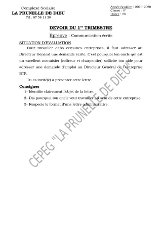Première page de Français 4e, 4e ML — Devoir surveillé, 1er trimestre (2019-2020) · CEPG La Prunelle de Dieu