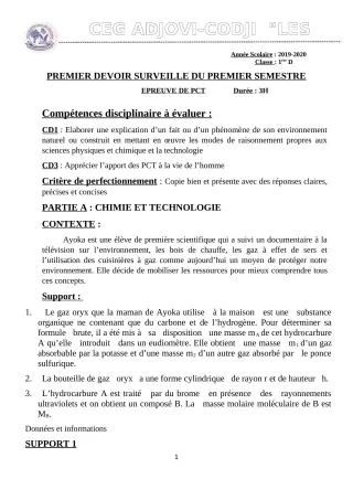 Première page de PCT 1ère D — 1er devoir surveillé, 1er semestre (2019-2020) · CEG ADJOVICODJI 'LES OLIVIERS'