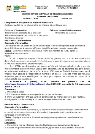 Première page de Histoire-Géographie Tle A2 — 2e devoir surveillé, 1er semestre (2022-2023) · CEG SEKERE