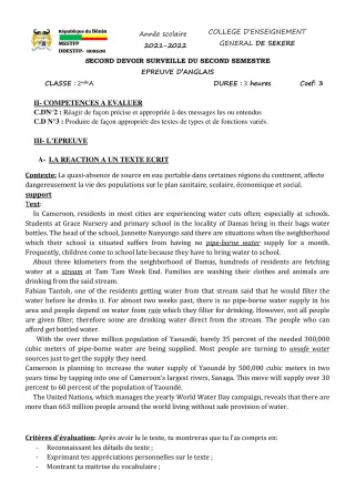 Première page de Anglais 2nde A2 — 2e devoir surveillé, 2e semestre (2021-2022) · CEG SEKERE