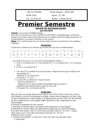 Première page de Mathématiques 2nde A, 2nde A & B, 2nde B, 2nde C — Devoir surveillé, 1er semestre (2019-2020) · CEG Le Littoral