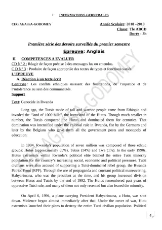 Première page de Anglais Tle A2, Tle B, Tle C, Tle D — 1er devoir surveillé, 1er semestre (2018-2019) · CEG Agassa Godomey