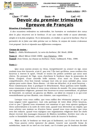 Première page de Français 2nde A2, 2nde B, 2nde D, Tle A2, Tle B, Tle D — 2e devoir surveillé, 1er trimestre (2021-2022) · CPEG AGBOZO MEGBEDJI