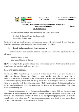 Première page de Espagnol 4e — 2e devoir surveillé, 1er semestre (2023-2024) · CEG SEKERE