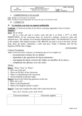 Première page de Anglais 6e — 1er devoir surveillé, 1er semestre (2022-2023) · CEG Grand-Popo