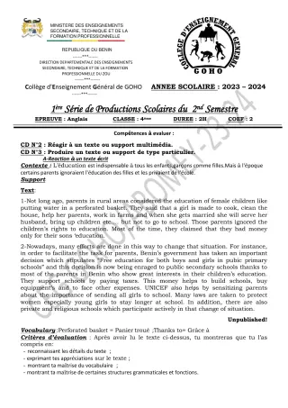 Première page de Anglais 4e — 1re production scolaire, 2e semestre (2023-2024) · CEG GOHO