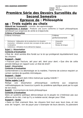 Première page de Philosophie 2nde A & B, 2nde C, 2nde D, 1ère A, 1ère B, 1ère C, 1ère D, Tle A2, Tle B, Tle C, Tle D — 1er devoir surveillé, 2e semestre (2018-2019) · CEG Agassa Godomey