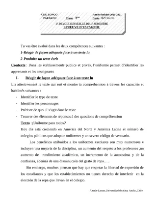 Première page de Espagnol 3e ML — 1er devoir surveillé, 1er semestre (2020-2021) · CEG ZONGO