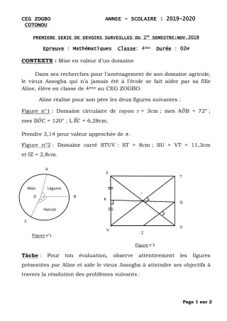 Première page de Mathématiques 4e, 4e ML — 1er devoir surveillé, 1er semestre (2019-2020) · CEG ZOGBO