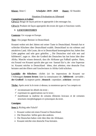 Première page de Devoir surveillé de ALLEMAND — 3e ML — CPEG Roger LAFIA (2019)