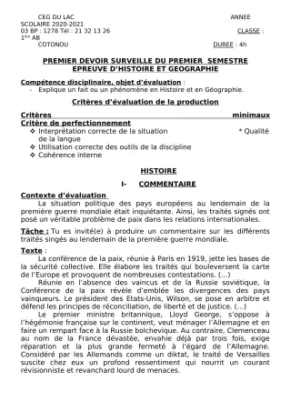 Première page de Histoire-Géographie 1ère A2, 1ère B — 1er devoir surveillé, 1er semestre (2020-2021) · CEG du Lac