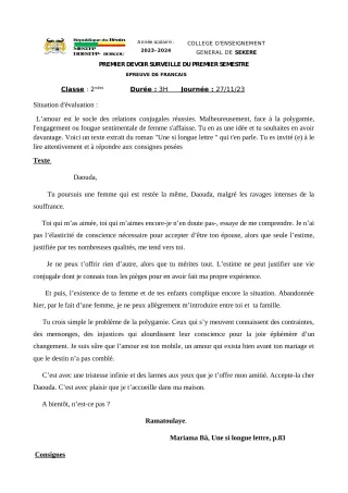 Première page de Français 2nde A2, 2nde D — 1er devoir surveillé, 1er semestre (2023-2024) · CEG SEKERE