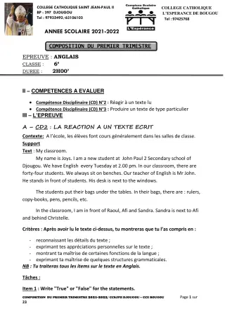 Première page de Anglais 6e, 5e, 4e, 3e, 2nde A1, 2nde A2, 2nde C, 2nde D, 1ère A2, 1ère C, 1ère D, Tle A1, Tle A2, Tle D — 2e composition, 1er trimestre (2021-2022) · CCJPII DJOUGOU