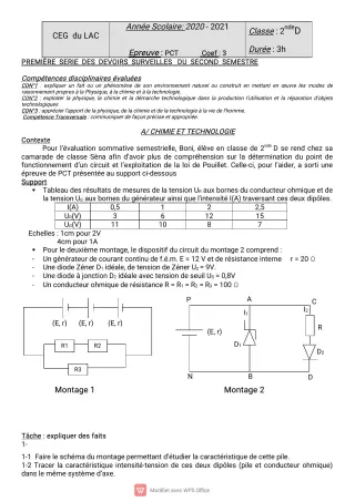 Première page de PCT 2nde D — 2e semestre (2020-2021) · CEG du Lac