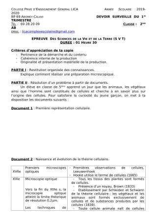 Première page de SVT 2nde A2, 2nde B — Devoir surveillé, 1er trimestre (2019-2020) · CPEG LICA