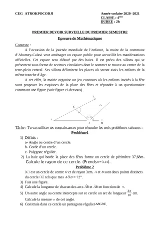 Première page de Mathématiques 4e — 1er devoir surveillé, 1er semestre (2020-2021) · CEG ATROKPOCODJI