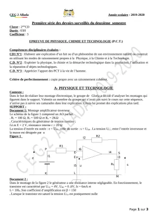 Première page de PCT 2nde D — 1er devoir surveillé, 2e semestre (2019-2020) · CEG 2 Allada