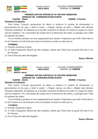 Première page de Français 4e — 1er devoir surveillé, 2e semestre (2023-2024) · CEG SEKERE