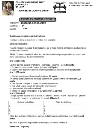 Première page de Histoire-Géographie 6e, 5e, 4e, 4e ML, 2nde A1, 2nde A2, 2nde C, 2nde D, 1ère A1, 1ère A2, 1ère C, 1ère D — 1er devoir surveillé, 1er trimestre (2020-2021) · CCJPII DJOUGOU