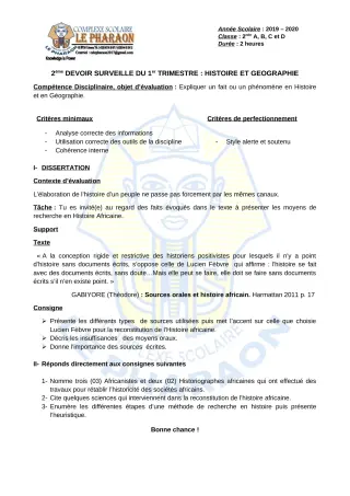 Première page de Histoire-Géographie 2nde A, 2nde B, 2nde C, 2nde D — 2e devoir surveillé, 1er trimestre (2019-2020) · CPEG LE PHARAON