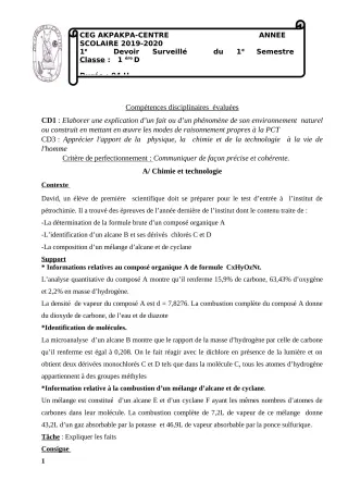 Première page de PCT 1ère D — 1er devoir surveillé, 1er semestre (2019-2020) · CEG 1 Akpakpa-Centre