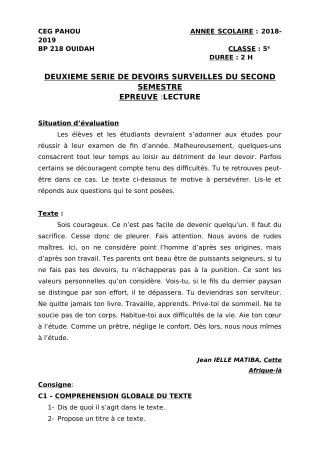 Première page de Français 5e — 2e devoir surveillé, 2e semestre (2018-2019) · CEG PAHOU