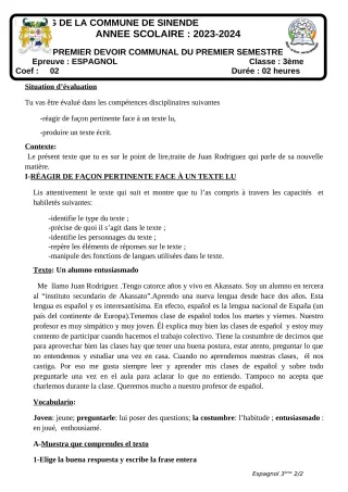 Première page de Espagnol 3e — 1er devoir surveillé, 1er semestre (2023-2024) · CEG SEKERE