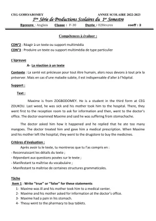 Première page de Anglais 4e ML — 1re production scolaire, 1er semestre (2022-2023) · CEG GOHO