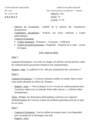 Première page de Philosophie Tle A & B — 2e devoir surveillé, 1er semestre (2018-2019) · Lycée Houegbadja d'Abomey (Ex Mafory Bangoura)