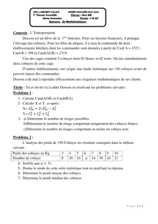Première page de Mathématiques 1ère A & B — 1er devoir surveillé, 2e semestre (2021-2022) · CEG2 ABOMEY - CALAVI (CEG ZOCA)