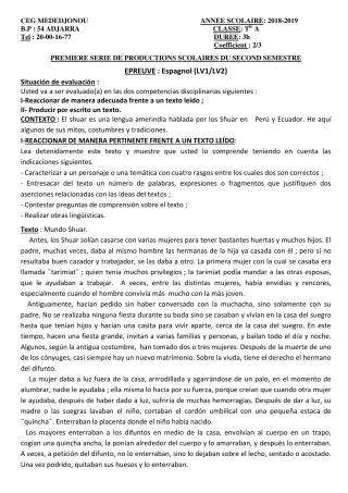 Première page de Espagnol Tle A — 1re production scolaire, 2e semestre (2018-2019) · CEG Mèdédjonou