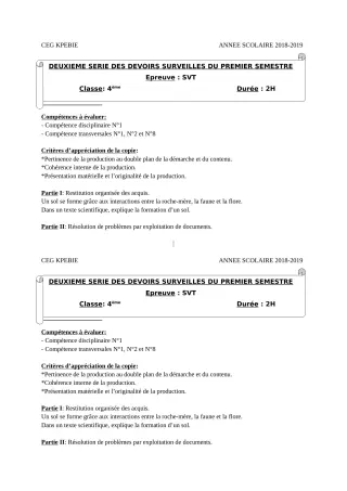 Première page de SVT 4e — 2e devoir surveillé, 1er semestre (2018-2019) · CEG Kpébié
