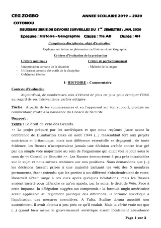 Première page de Histoire-Géographie Tle A1, Tle A2, Tle B — 2e devoir surveillé, 1er semestre (2019-2020) · CEG ZOGBO