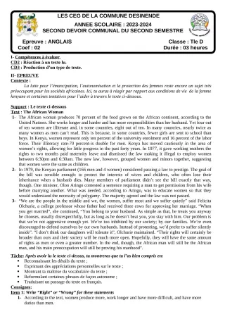 Première page de Anglais Tle D — 2e devoir surveillé, 2e semestre (2023-2024) · CEG SEKERE